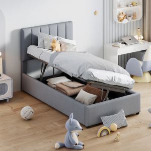 Cama tapizada 90x200cm con canapé hidráulico lino – gris