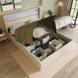 Cama tapizada 160x200cm con canapé y LED pu – color blanco