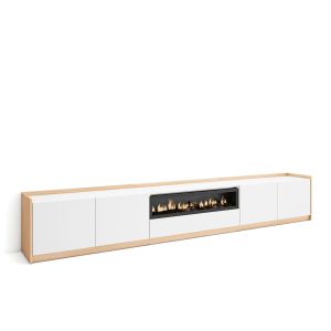 Mueble tv, 310x37x50cm, blanco y roble soft, chimenea eléctrica rf4321
