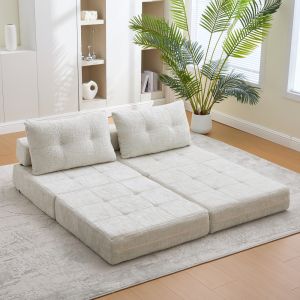 Sofá cama plegable de chenilla beige 1 plaza cojín de cabeza y de lumbar