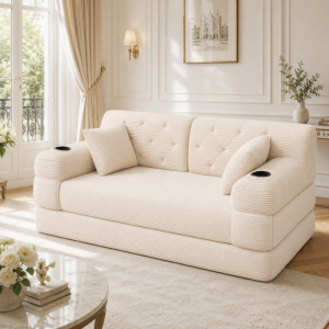 Sofá cama 2 plazas de pana beige con respaldo alto y portavasos