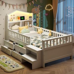 Cama infantil 90x200 blanca con 4 cajones, LED y usb-c