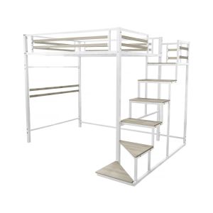 Cama alta de metal con escalera "lena" - 140 x 200 cm - blanco