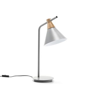 Lámpara mesa metálica gris y madera natural
