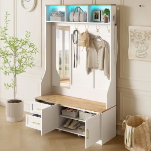 Mueble recibidor con espejo LED y zapatero blanco madera 187x120x40cm