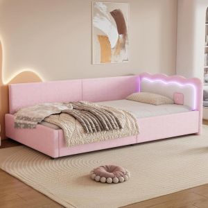 Cama diván 90x200cm con iluminación LED y somier de láminas, rosa