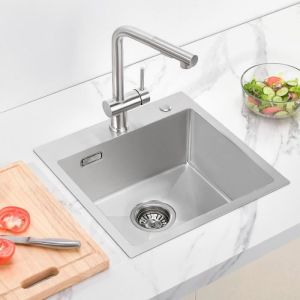 Fregadero de 1 lavabo, 45x45x19 cm, fregadero de cocina cepillado de acero