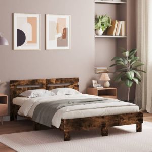 Cama cabecero y luces LED roble ahumado 120x190cm