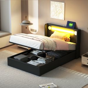 Cama tapizada 90x200cm con canapé, LED, bluetooth y usb pu negro