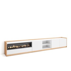 Mueble tv, 310x37x50cm, blanco y roble soft, chimenea eléctrica rf4327