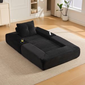 Sofá cama plegable pana negra con bolsillo y portavasos