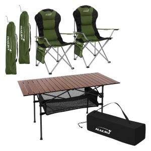 Muebles de camping mesa y 2 sillas caqui plegable mobiliario acampada
