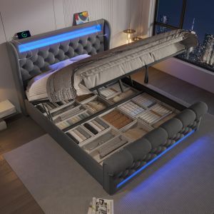 Cama de matrimonio 160x200cm con canapé, LED y usb en terciopelo gris