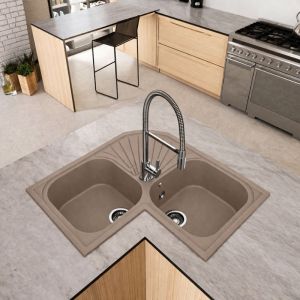 Fregadero angular ícaro 2 senos 76,5x76,5 resina arcilla mueble 80 cm