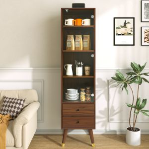 Vitrina para salón u oficina con puerta de cristal y 2 cajones nogal