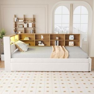 Canapé-lit extensible 90x200cm con almacenaje y LED usb beige