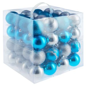 Conjunto de 64 bolas de navidad en plata/azul