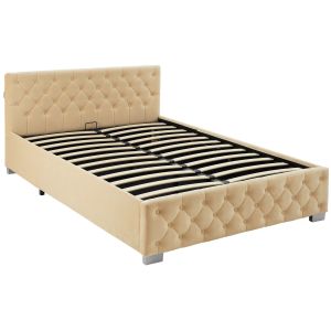 Cama tapizada con LED y somier abatible, 250 kg, 140 x 200 cm, beige