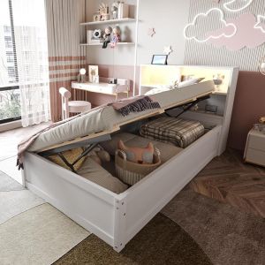 Sofá cama 90x200 cm, madera maciza, LED, enchufes, almacenaje, blanco
