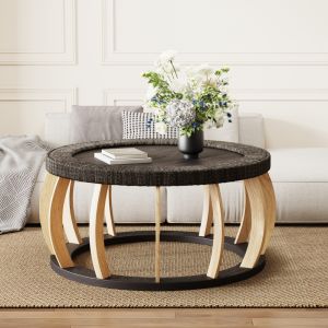 Mesa de centro redonda madera y ratán negro marrón 43x90x90cm