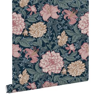 Estahome papel pintado flores vintage azul y rosa viejo 53 cm x 10.05 m
