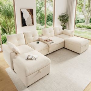Sofá en u modular de chenilla beige 6 plazas con consola y almacenaje