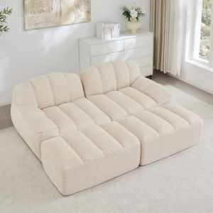 Sofá modular 2 plazas con 2 otomanas tejido polar granulado beige blanco