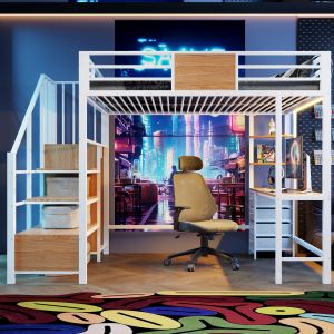 Cama alta 140x200 cm con escritorio, barra de ropa y LED – blanco
