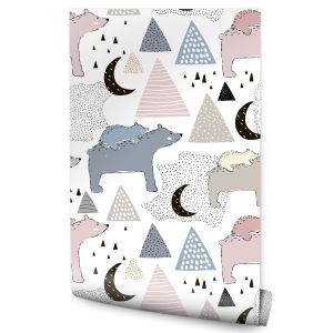 Papel Pintado Osos Polares Montañas Lunas Para Habitación 53cm x 10m
