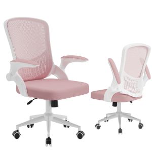 Silla de escritorio de oficina con reposabrazos abatibles, rosa