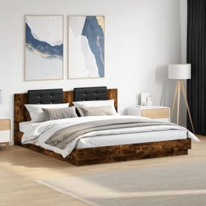Cama cabecero luces LED roble ahumado 200x200 cm