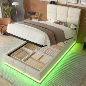 Cama con almacenaje 90x200cm, LED usb cabecero ajustable terciopelo beige