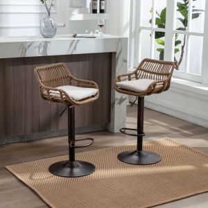 Taburete de bar ratán sintético beige set 2 ajustable con reposabrazos