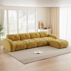Sofá modular en l de chenilla amarillo 4 plazas con otomana para salón