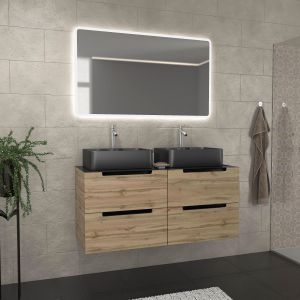 Mueble baño 120 cm roble y negro + lavabos rectangulares + LED