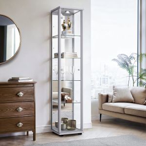 K-möbel vitrina cristal plata 176x37x33 cm con espejo, LED, cerradura