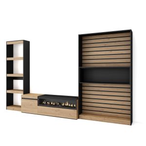 Muebles salón, 320x35x186cm, roble y negro, chimenea eléctrica rf2595