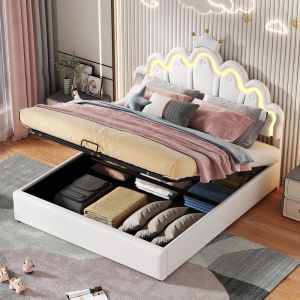 Cama infantil 140x200 cm corona con LED, arcón hidráulico y pu