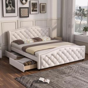 Sofá cama chesterfield tapizado 160x200cm blanco con 2 cajones