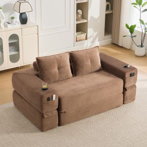 Sofá cama modular de pana marrón 2 plazas con bolsillos y reposabrazos