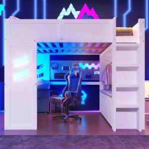 Cama alta gaming 140x200 cm con escritorio LED, usb-c, cajones, blanca