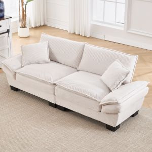 Sofá 2 plazas de terciopelo beige con cojines y reposabrazos acolchados