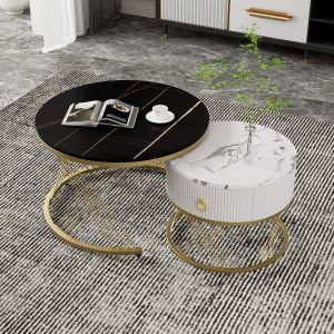 Mesa de centro anidable 2 piezas con cajón mdf negro 45x70x70cm