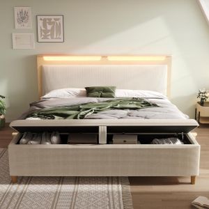 Cama doble 140x200cm con cabecero LED 20 colores roble claro