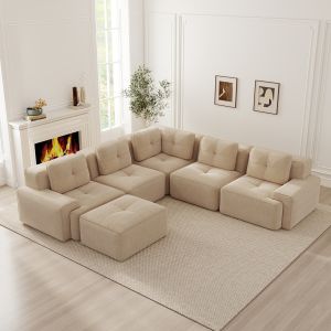 Sofá modular en esquina con otomana de pana beige 5 plazas