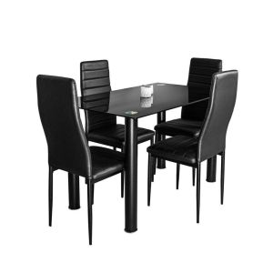 Mesa de cristal templado + 4 sillas polipiel. Comedor o cocina, negro