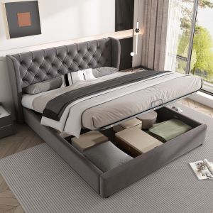 Cama 140x190cm con base elevable y cabezal capitoné terciopelo – gris