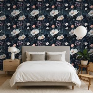 Papel floral elegante flores finas en  pastel fondo negro 60cm por 300cm