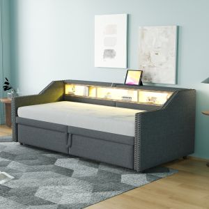 Sofá cama 90/180x200cm extensible LED usb almacenaje tela gris oscuro