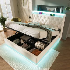 Cama tapizada 140x190cm con LED 360, usb-c y canapé pu – color blanco